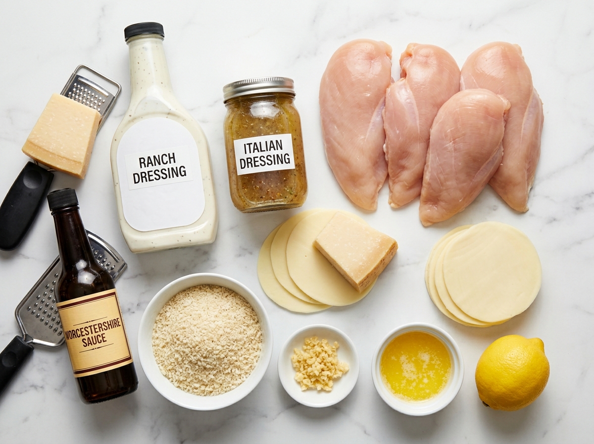 Raw chicken breasts, ranch dressing, parmesan, provolone, and panko on a wooden board