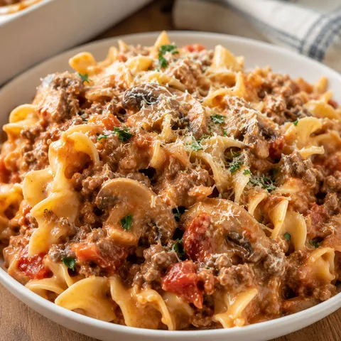 Amish Country Casserole with beef, egg noodles, parmesan, and parsley