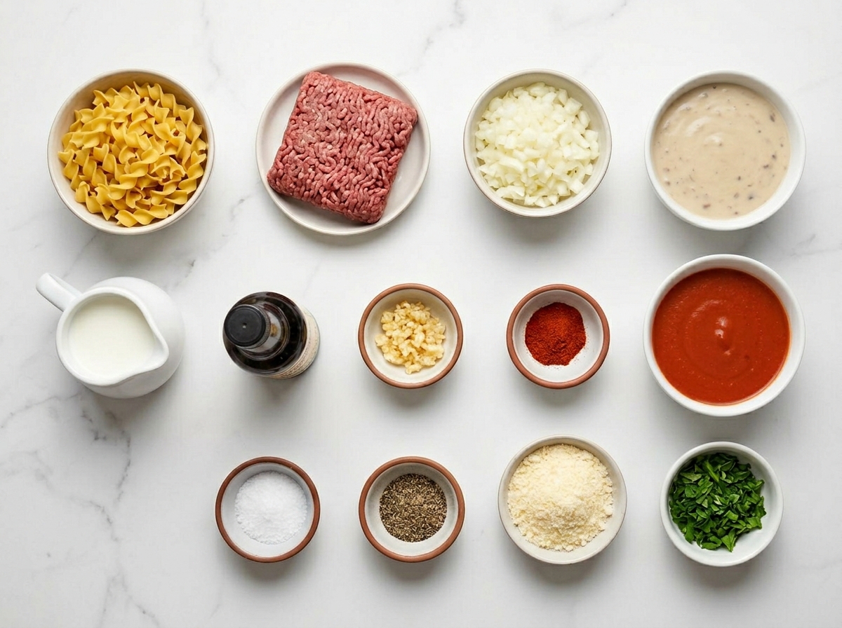 Ingredients for Amish Country Casserole with noodles, beef, soups, and parmesan