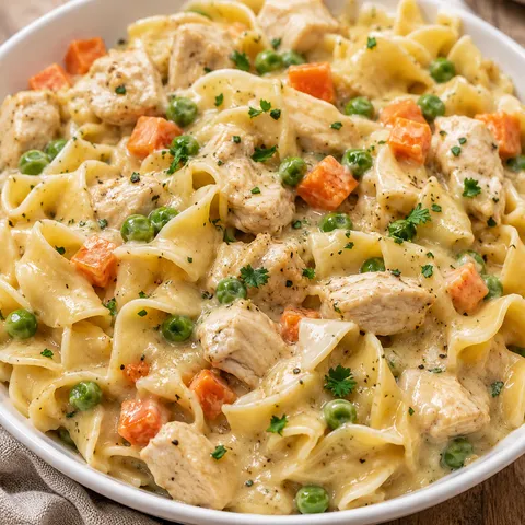Chicken pot pie noodle skillet with peas, carrots, chicken, and parsley