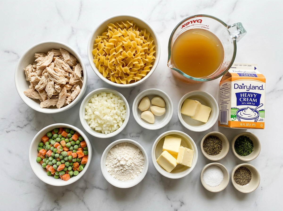 Ingredients for chicken pot pie noodle skillet arranged on a wooden surface