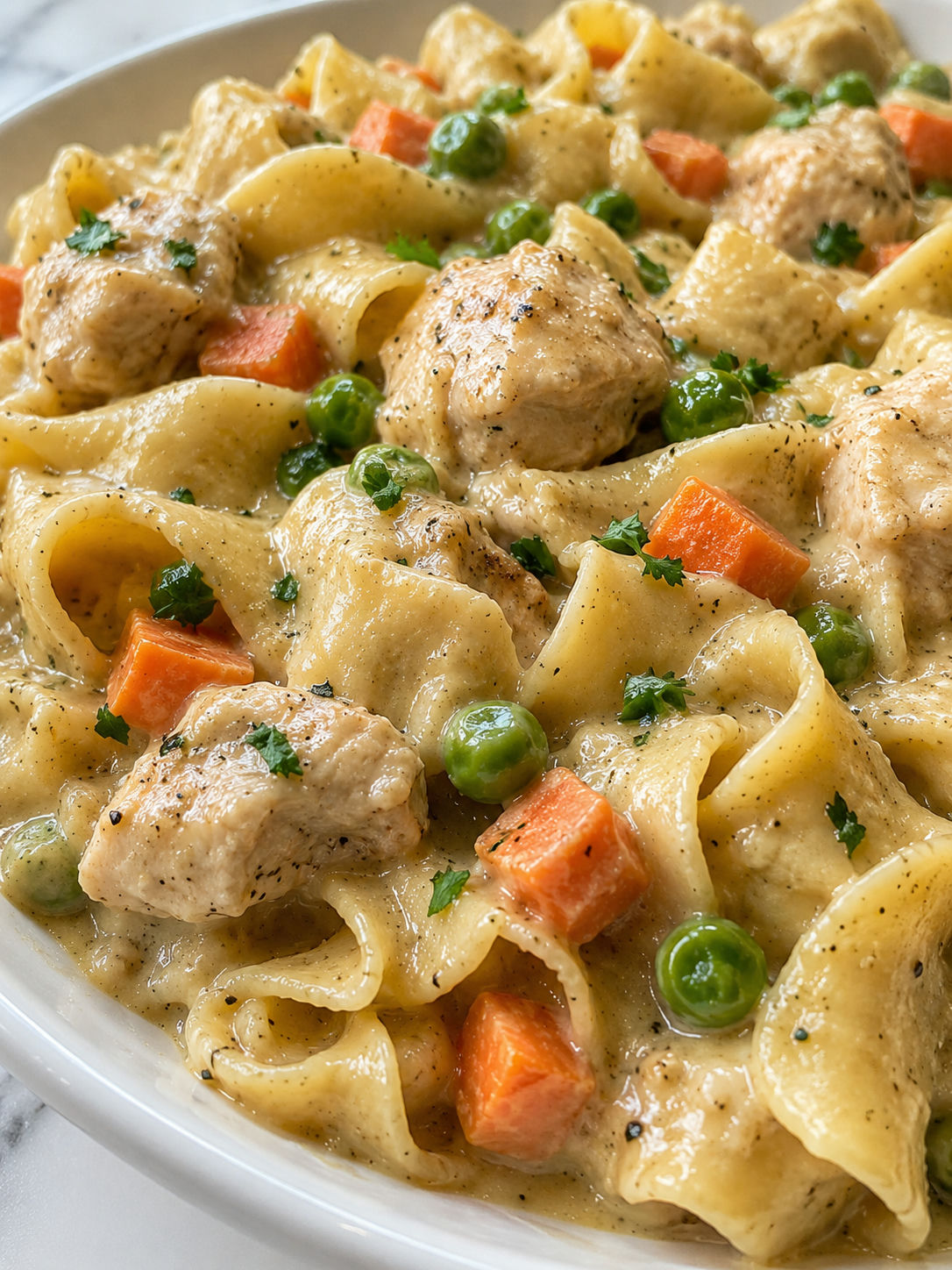 Savor The Homestyle Goodness Of Chicken Pot Pie Noodle Skillet, plated and served