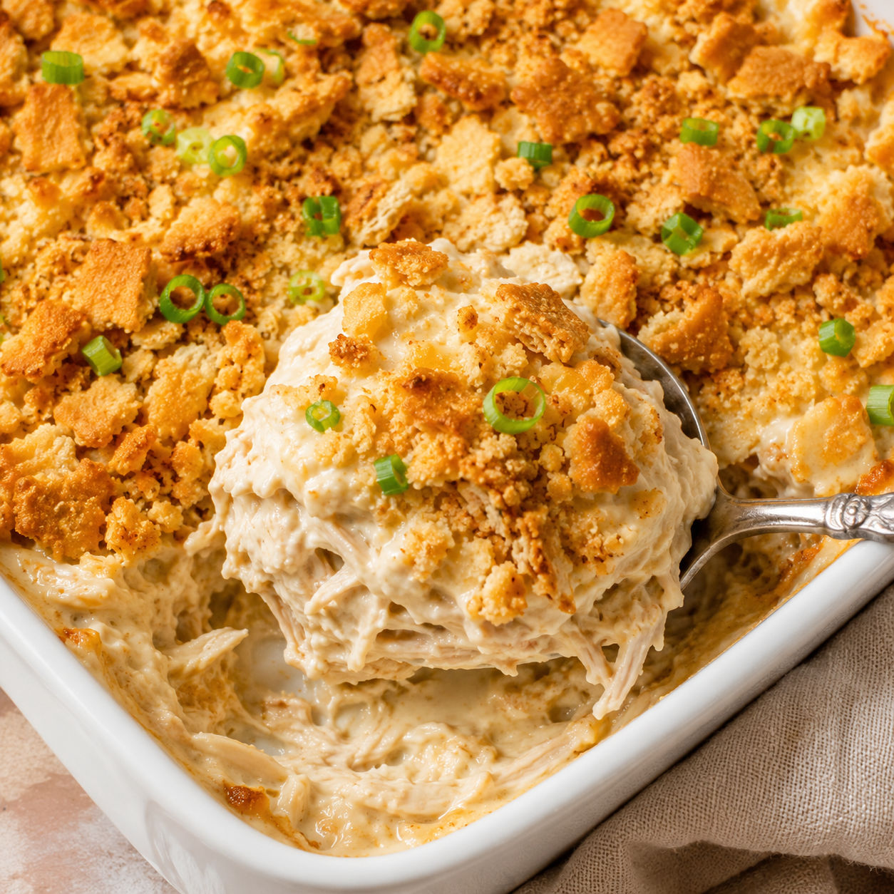 Million dollar chicken casserole with golden cracker topping and scallions