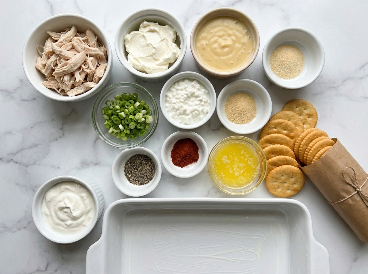 Ingredients for million dollar chicken casserole with chicken, dairy, crackers, and scallions