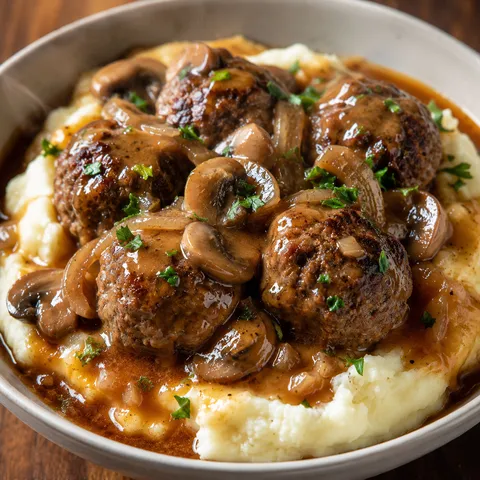 Salisbury meatballs with mushroom gravy over creamy mashed potatoes
