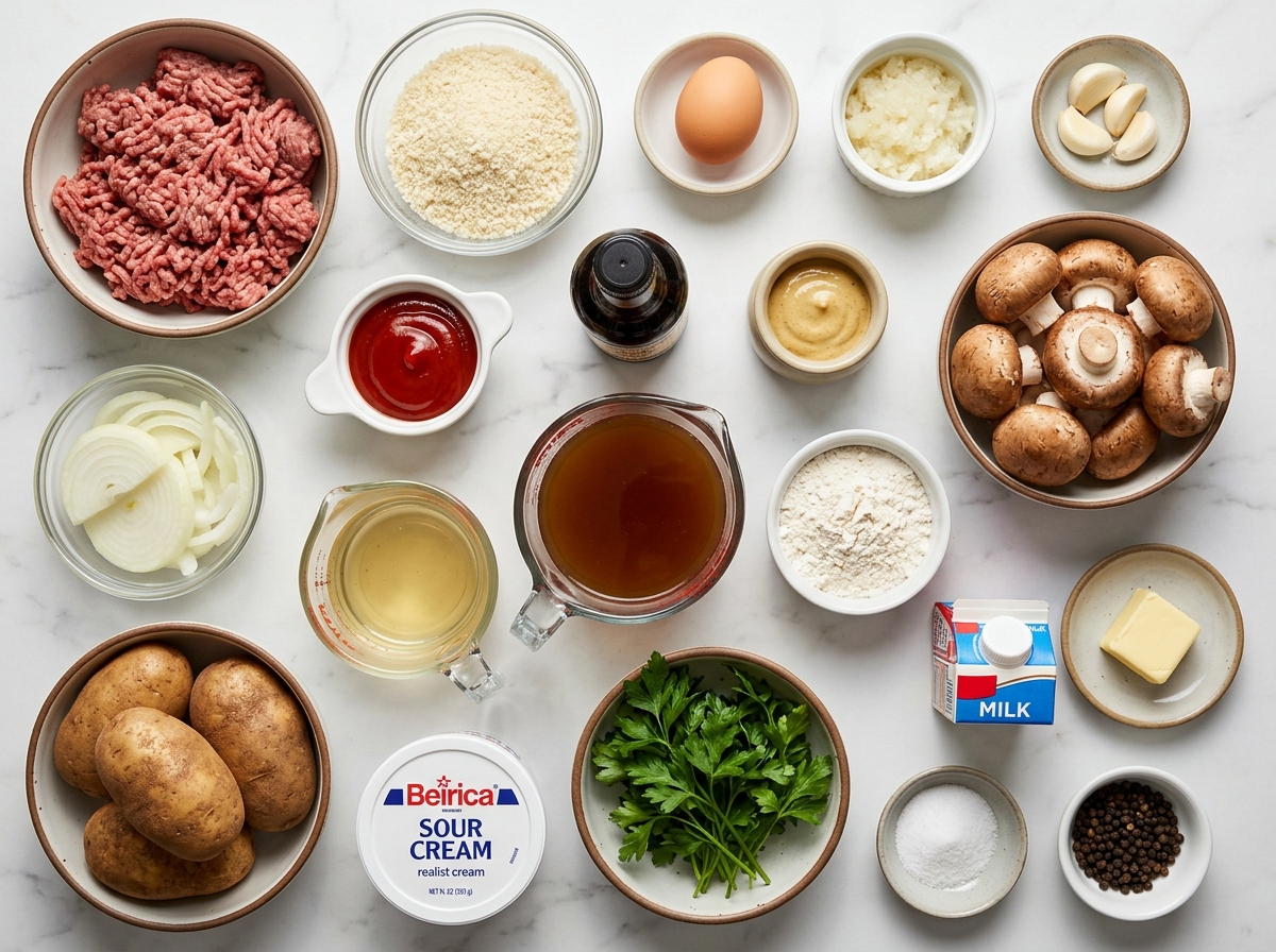 Ingredients for Salisbury meatballs and mashed potatoes on a wood surface