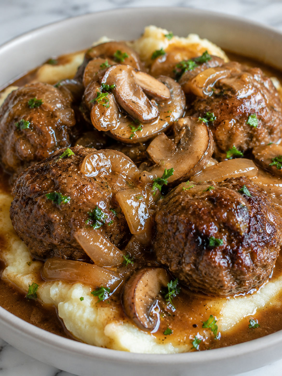 Savor The Richness: Salisbury Meatballs & Mashed Potatoes, plated and served