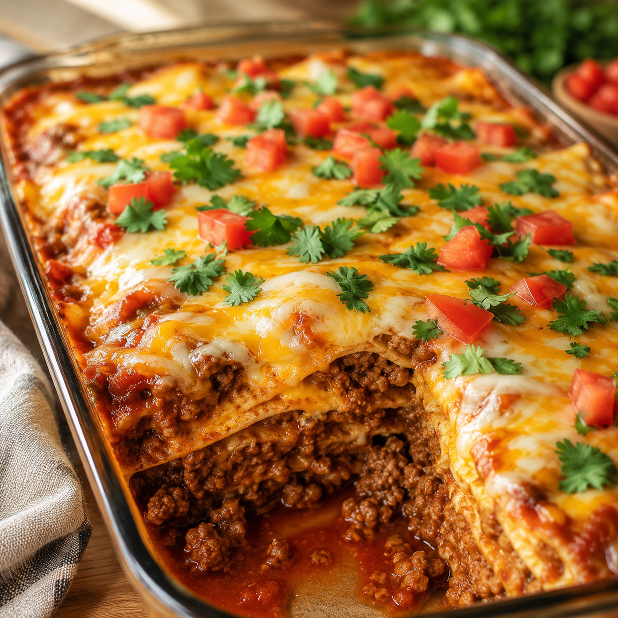 Beef enchilada casserole with melted cheese and cilantro on a wooden table