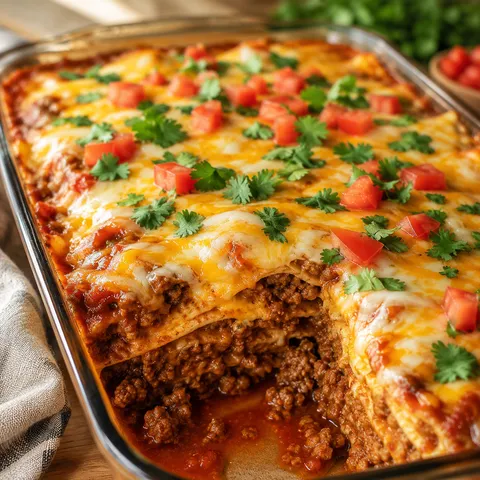 Beef enchilada casserole with melted cheese and cilantro on a wooden table