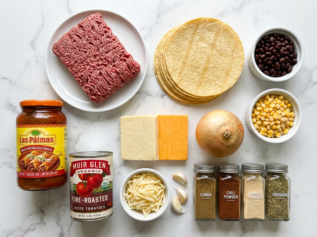 Raw ingredients for beef enchilada casserole arranged on a wooden board