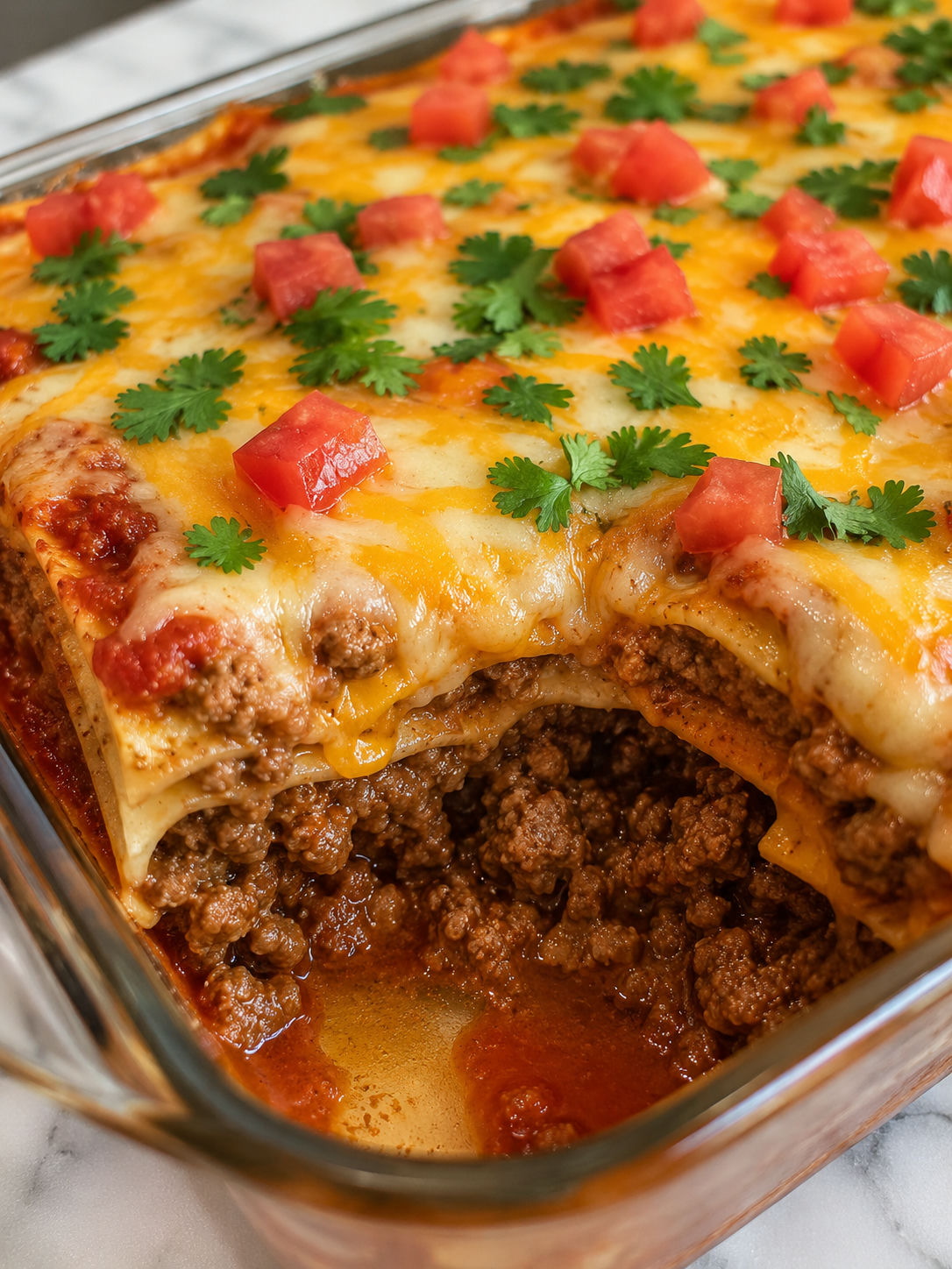 Savor The Richness Of Homemade Beef Enchilada Casserole, plated and served