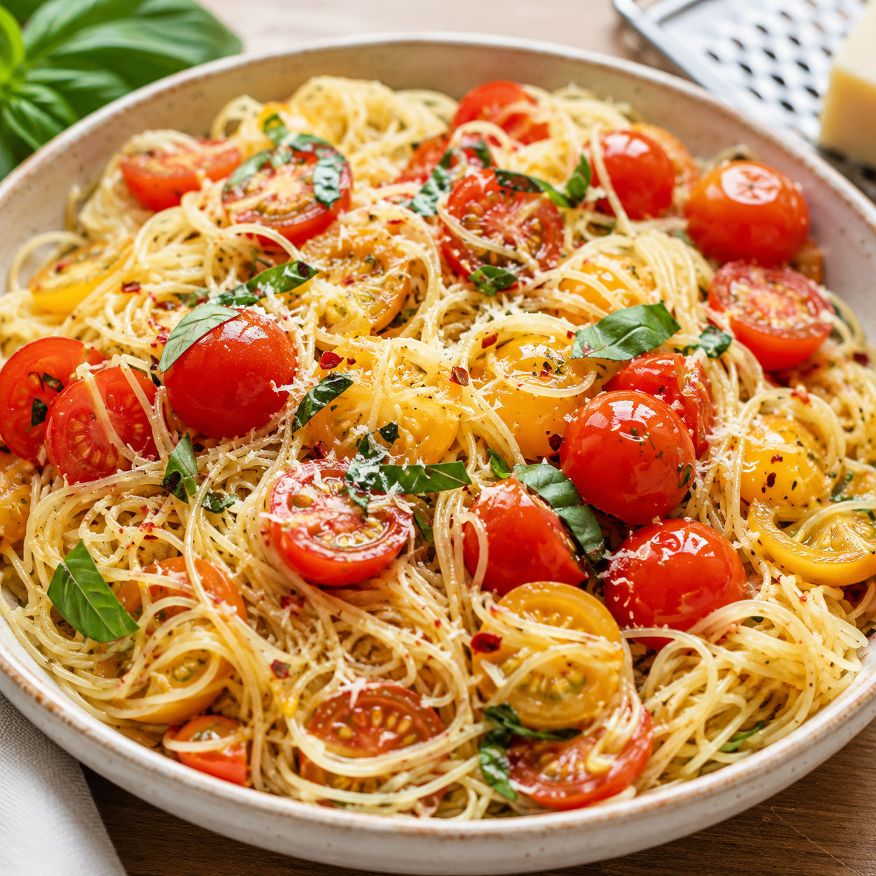 Summer garden pasta with cherry tomatoes, basil, and Parmesan