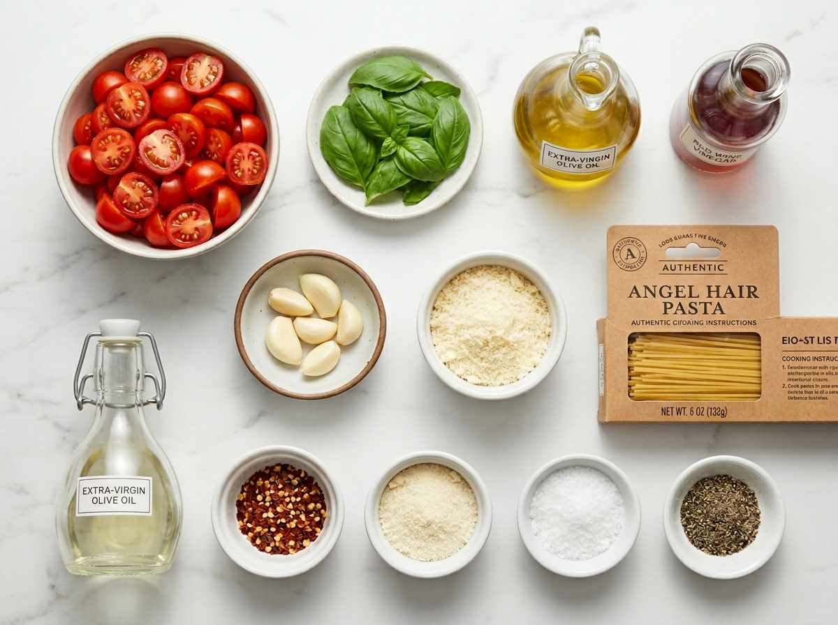 Ingredients for summer garden pasta with tomatoes, basil, pasta, and Parmesan
