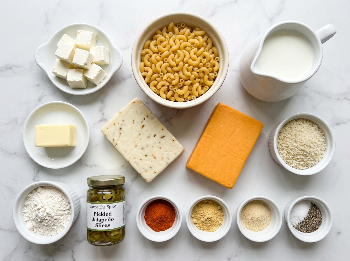 Ingredients for pepper jack macaroni and cheese on a wooden surface