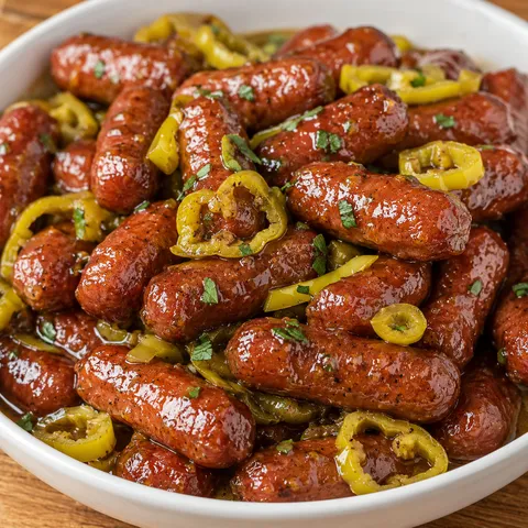 Mississippi lil smokies in glossy ranch au jus sauce with pepperoncini and parsley