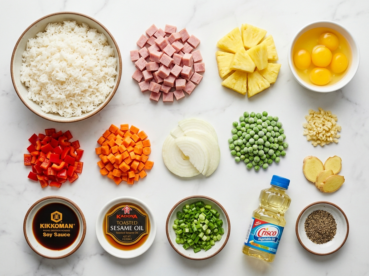 Ingredients for Hawaiian fried rice with rice, pineapple, ham, eggs, and vegetables