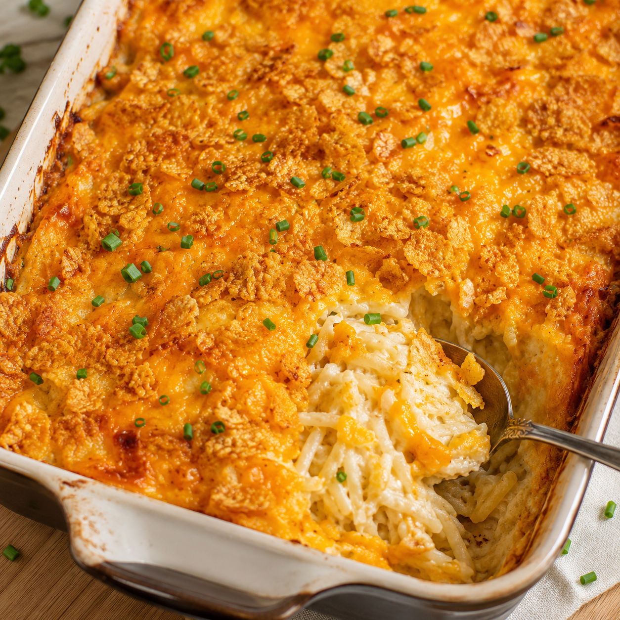Cheesy hashbrown casserole with golden cornflake topping and chives