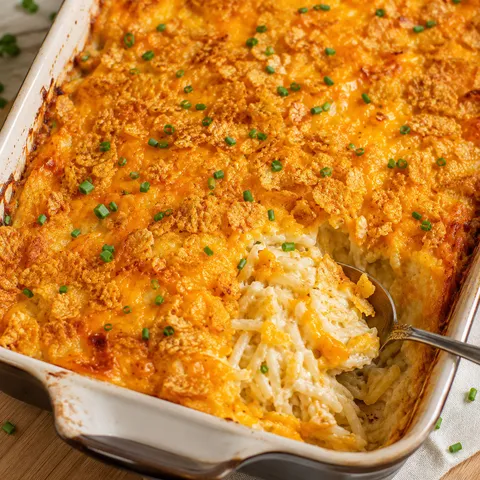Cheesy hashbrown casserole with golden cornflake topping and chives