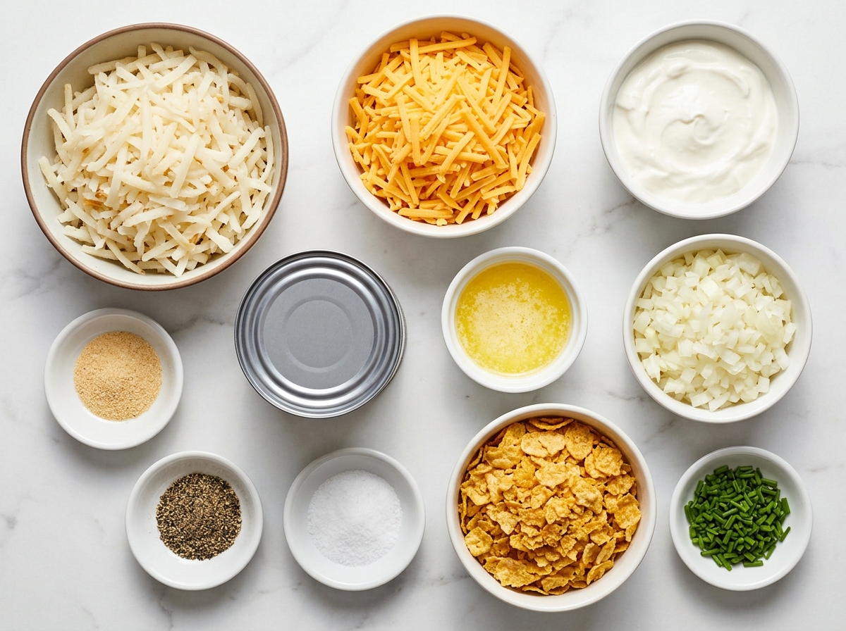 Ingredients for cheesy hashbrown casserole with cheddar and cornflakes