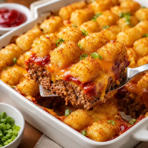 Cheesy meatloaf tater tot bake with golden tots and melted cheddar