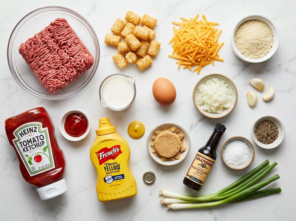 Ingredients for cheesy meatloaf tater tot bake on a wooden counter