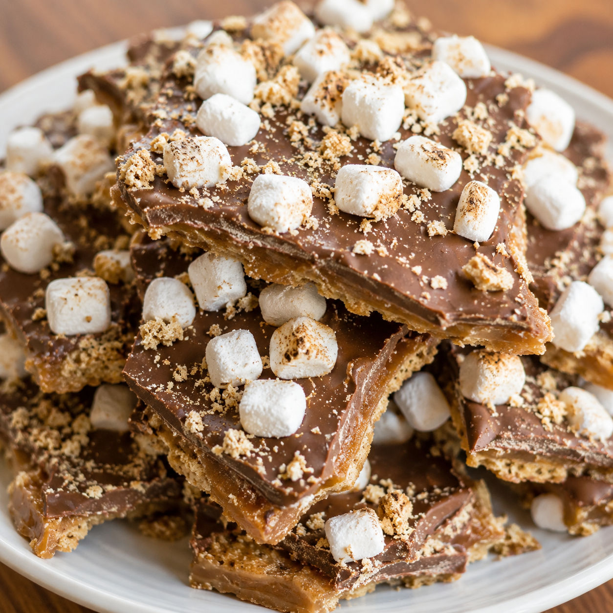 S’mores crack toffee pieces with chocolate and toasted marshmallows