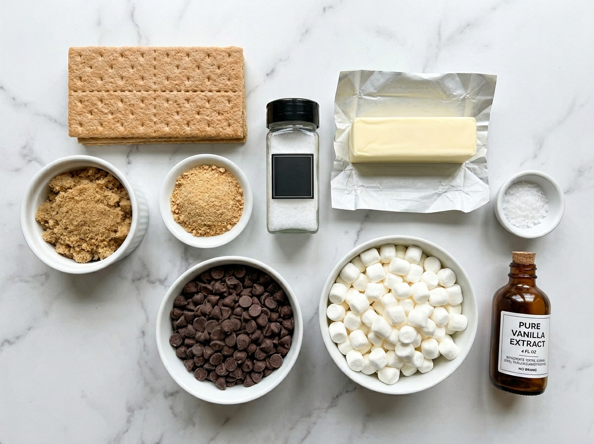 Ingredients for s’mores crack with graham crackers chocolate and marshmallows