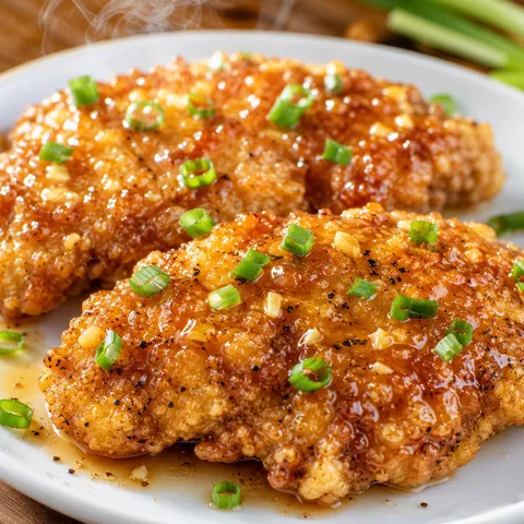 Crispy double crunch honey garlic chicken breasts on a white plate with green onions