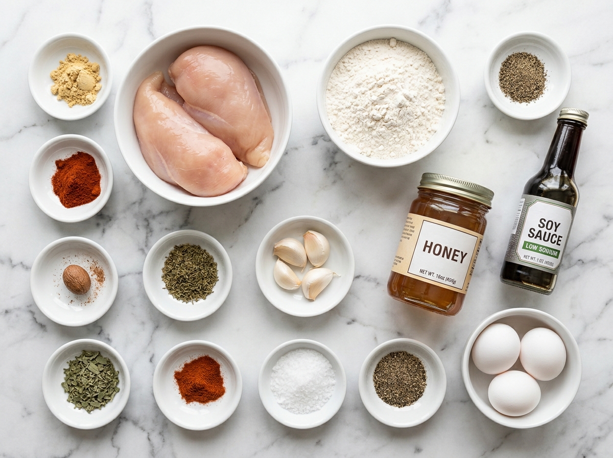 Raw ingredients for double crunch honey garlic chicken on a wooden board