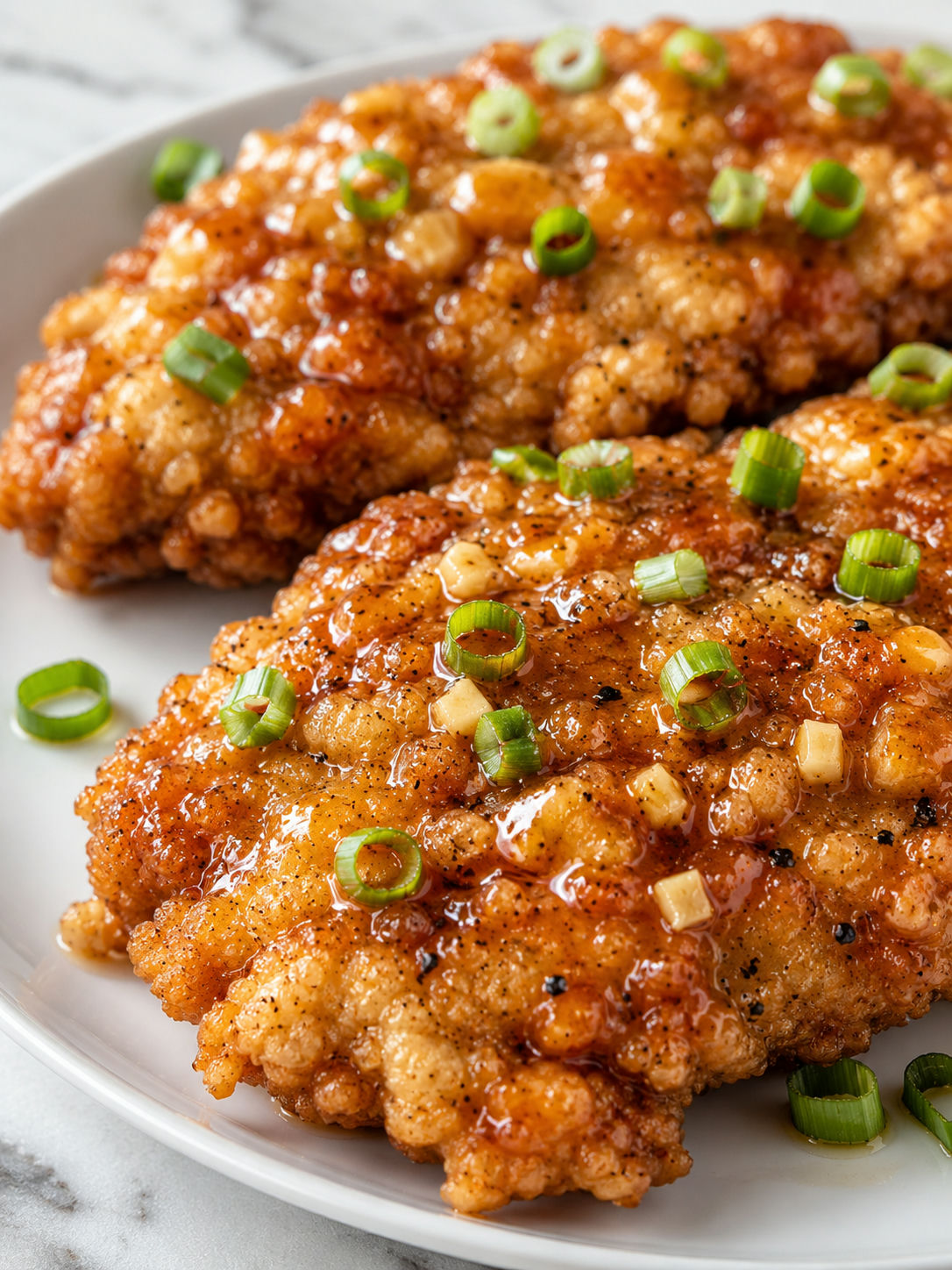 Savor The Unforgettable Double Crunch Honey Garlic Chicken Breasts, plated and served