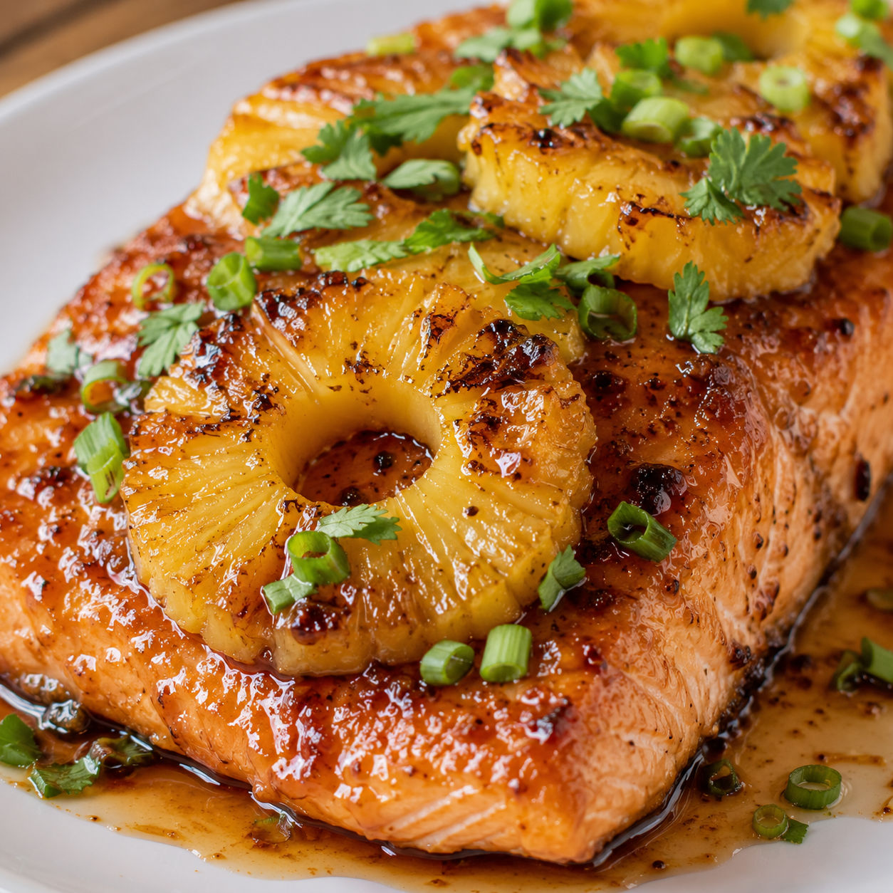 Baked honey pineapple salmon fillet with caramelized pineapple rings and green onion