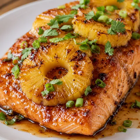 Baked honey pineapple salmon fillet with caramelized pineapple rings and green onion