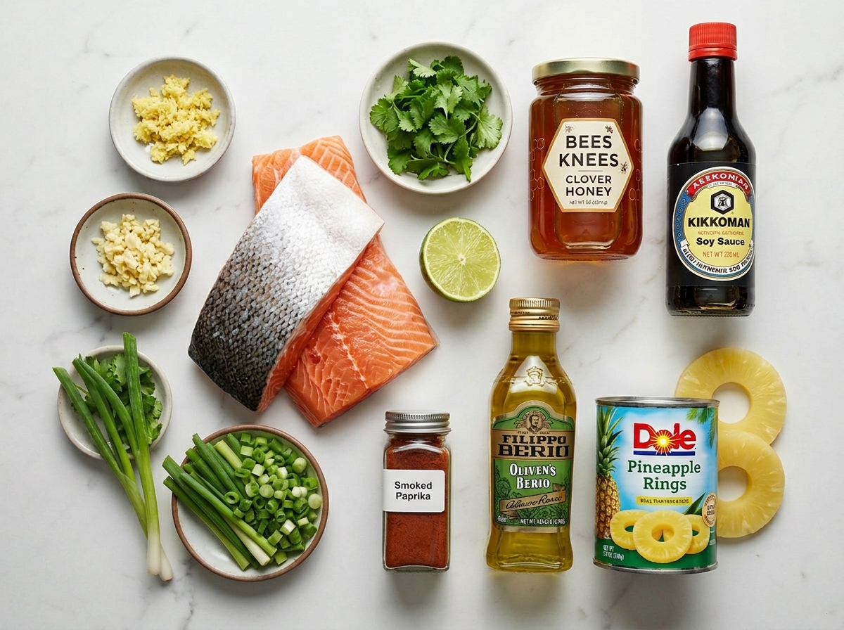 Raw ingredients for honey pineapple salmon arranged on a wooden board