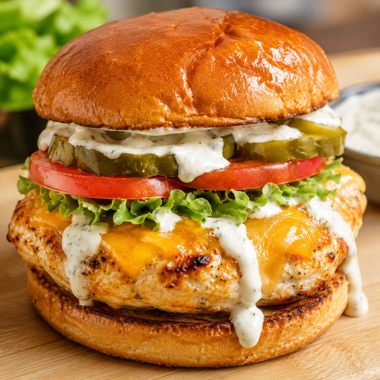 Ranch cheddar chicken burgers with lettuce, tomato, pickles, and ranch sauce