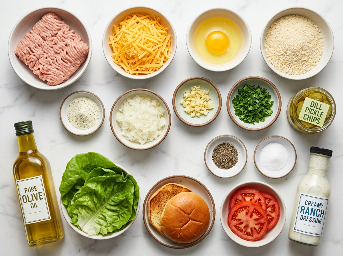 Ingredients for ranch cheddar chicken burgers on a light wood surface