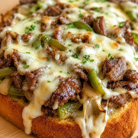 Steak and cheese garlic toast with peppers, onions, and melted provolone