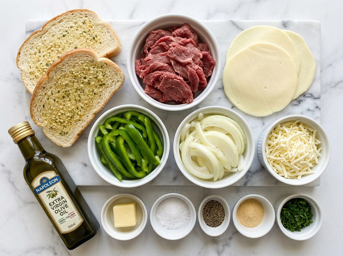 Ingredients for steak and cheese garlic toast with shaved beef and cheese