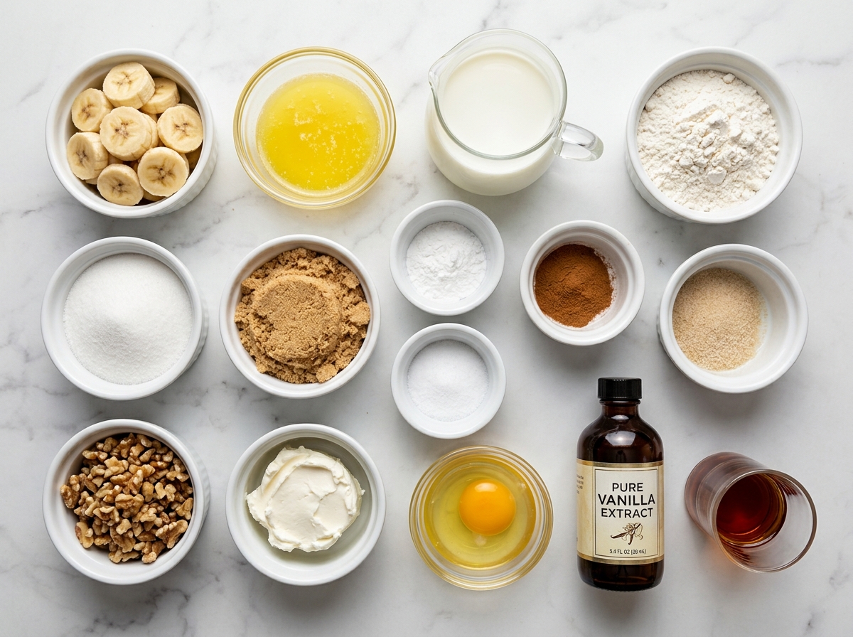 Ingredients for bananas foster cobbler with bananas, walnuts, and cream cheese
