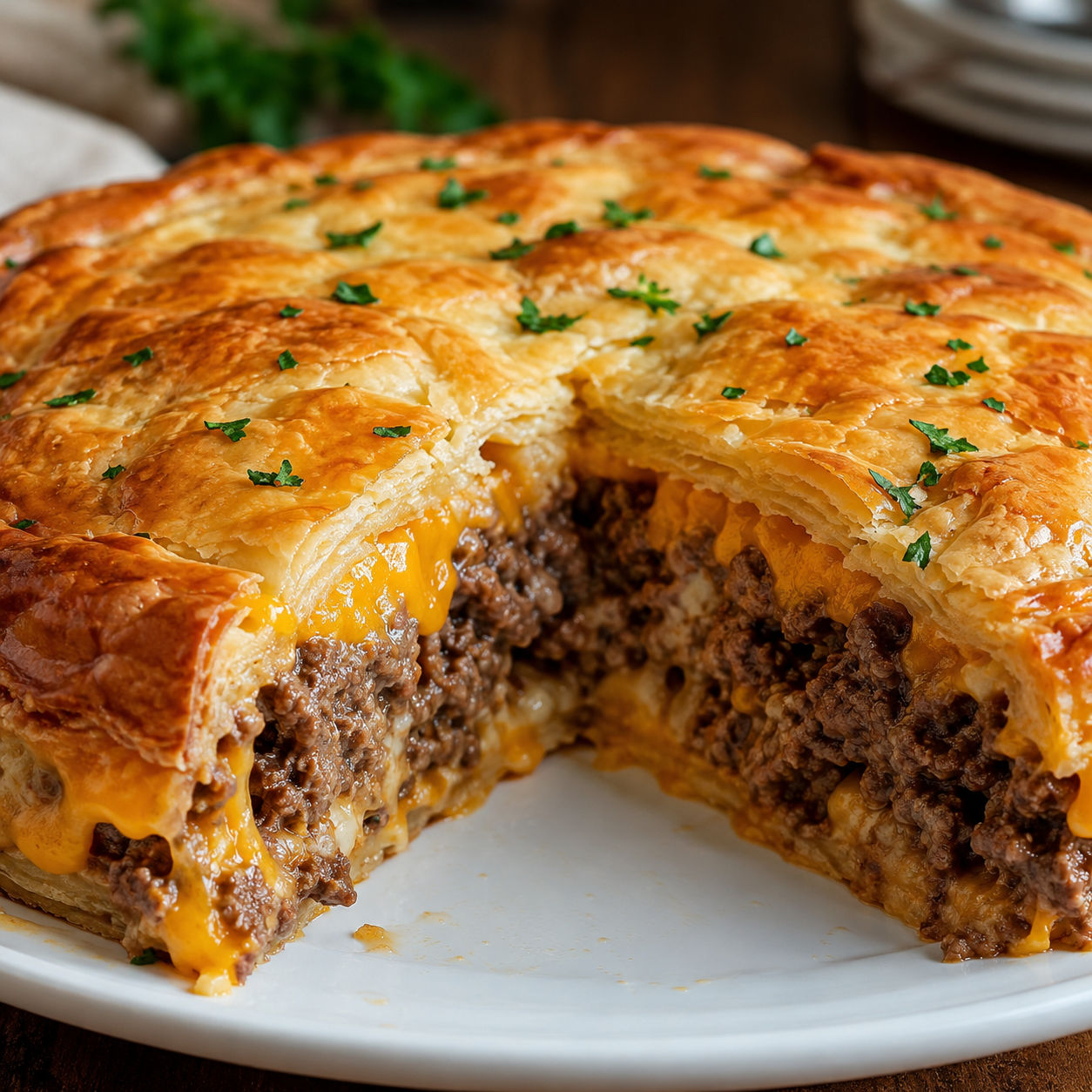 Upside-down cheesy beef cake with golden crust and melted cheddar filling
