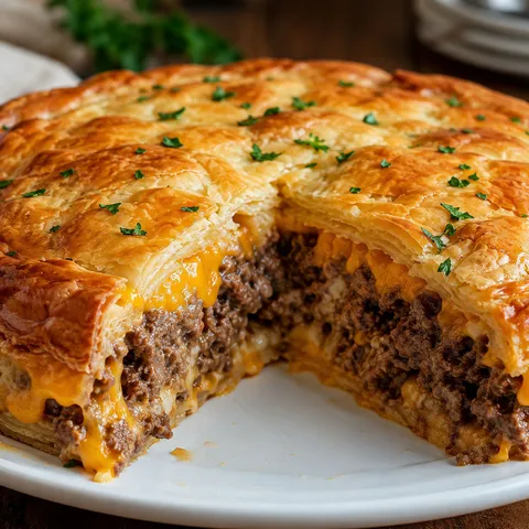 Upside-down cheesy beef cake with golden crust and melted cheddar filling