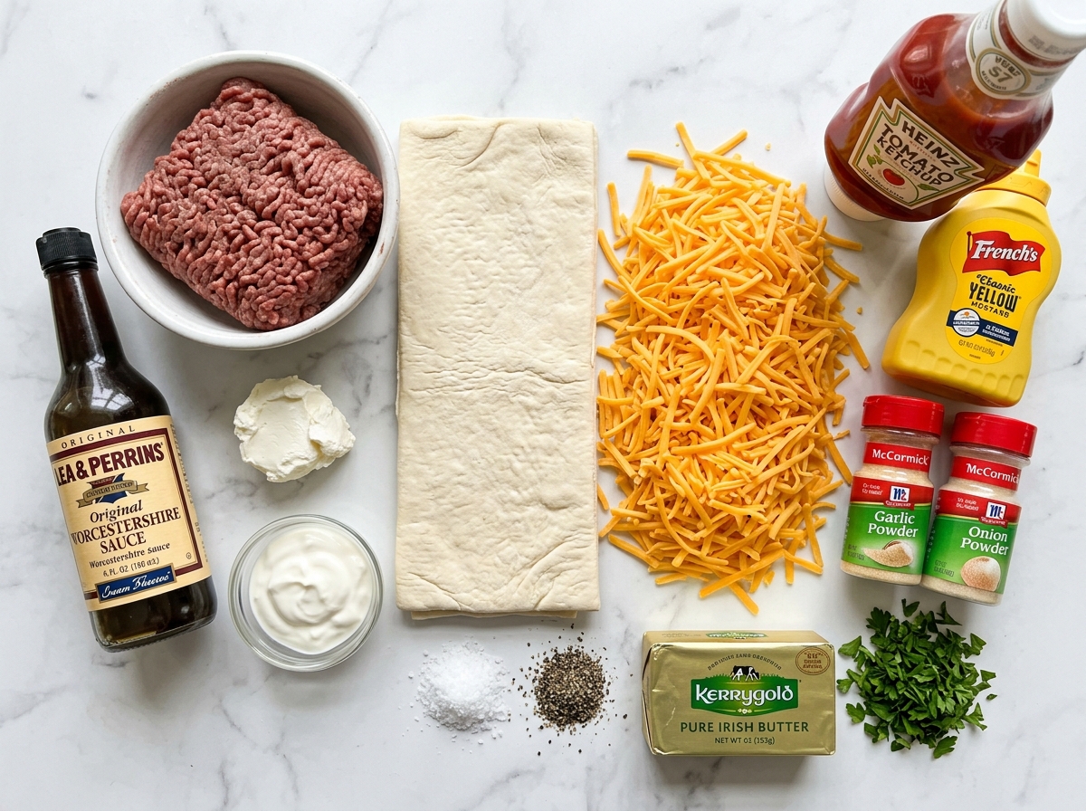 Ingredients for upside-down cheesy beef cake on a wooden counter
