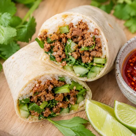 Vegan Thai basil beef roll with rice, cucumber, herbs, and chili oil