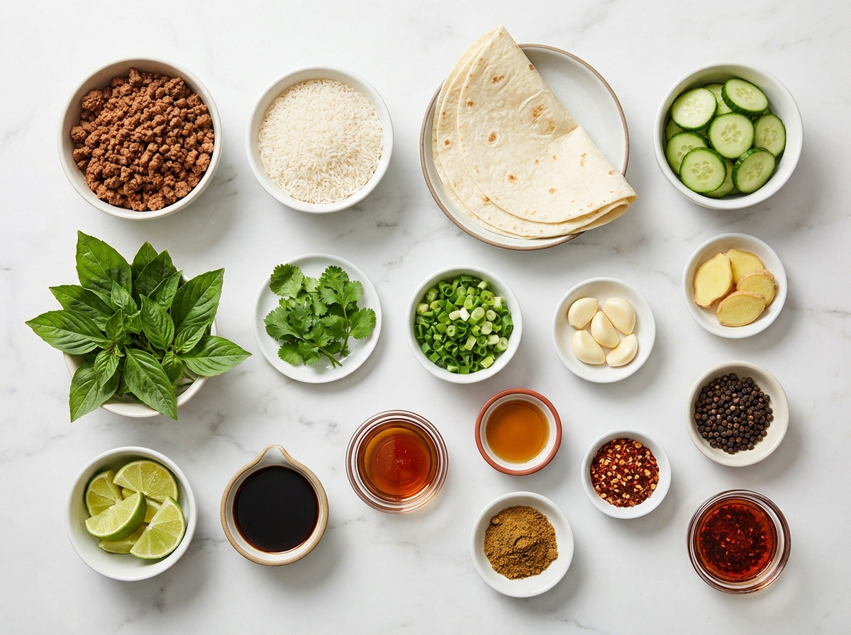 Ingredients for vegan Thai basil beef rolls with herbs, rice, and tortillas