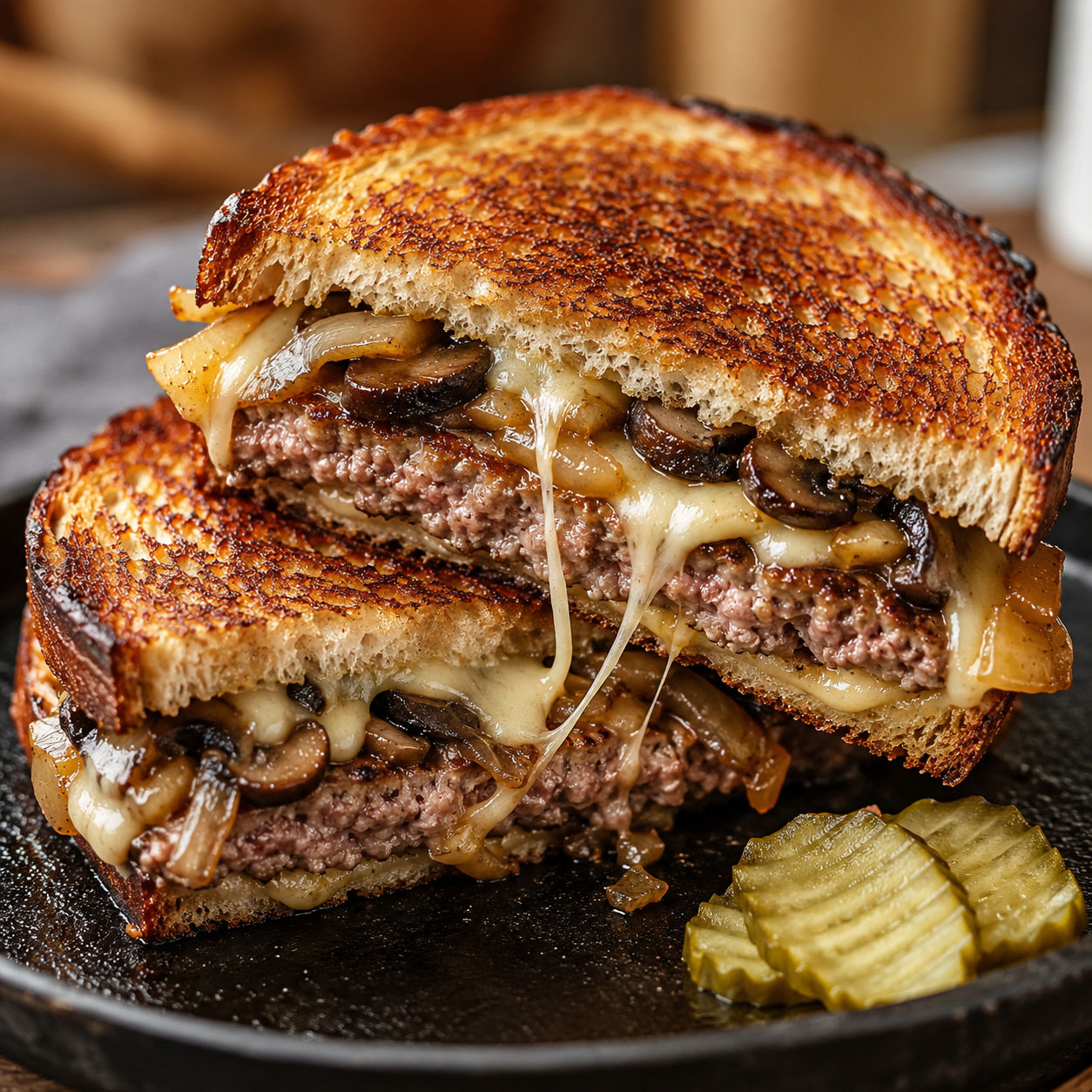 Mushroom Swiss patty melt on rye with gooey cheese and browned mushrooms