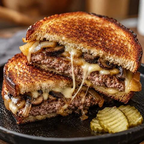Mushroom Swiss patty melt on rye with gooey cheese and browned mushrooms