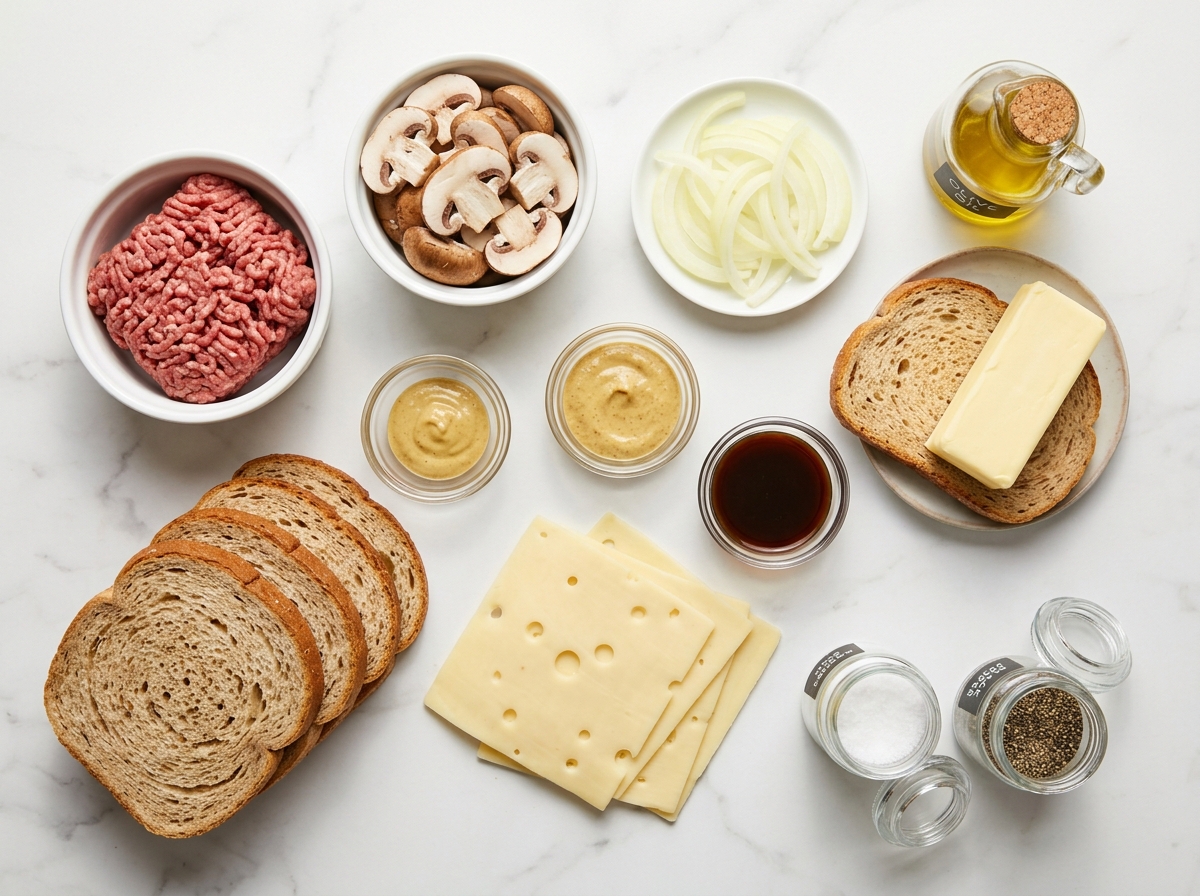 Ingredients for mushroom Swiss patty melts with beef, rye, mushrooms, and cheese