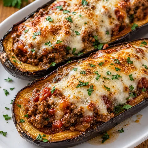 Baked eggplant boats with beef filling, melted cheese, and parsley