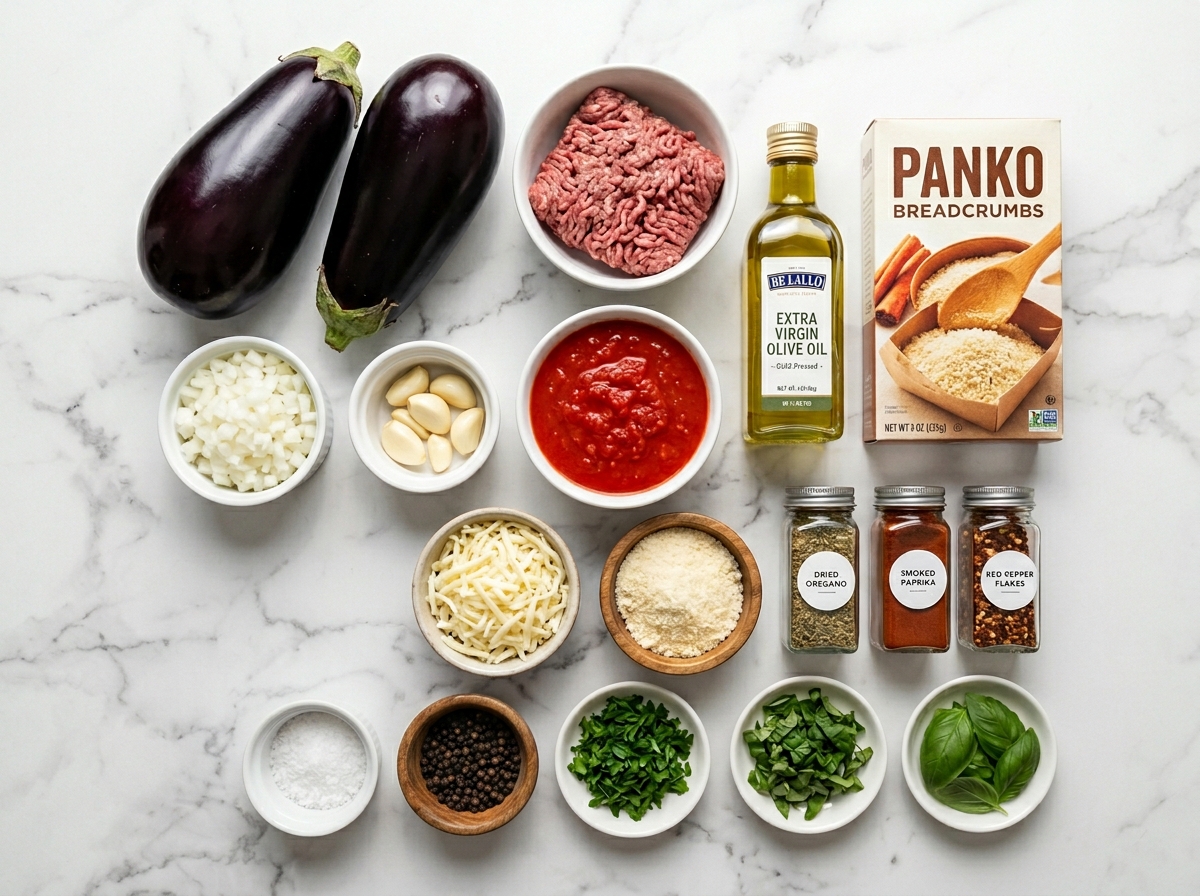 Ingredients for baked eggplant boats with ground beef and cheese