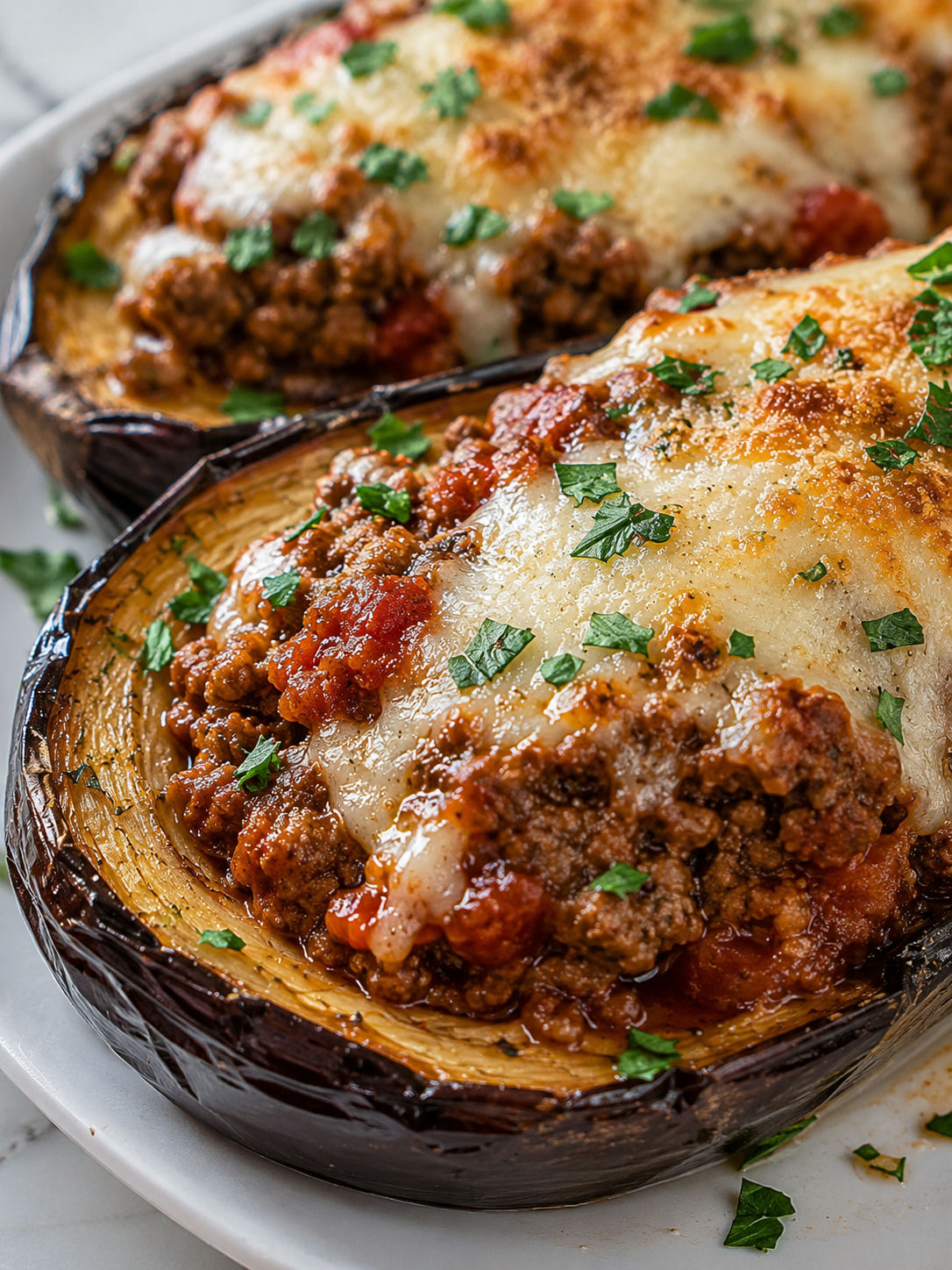 Savory Baked Eggplant with Meat Filling, plated and served
