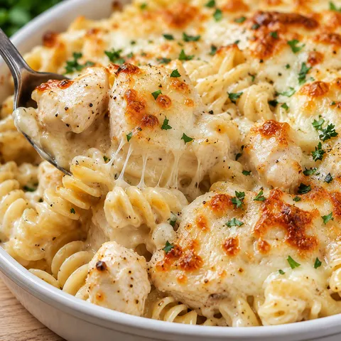 Baked garlic Parmesan chicken pasta with melted mozzarella and parsley